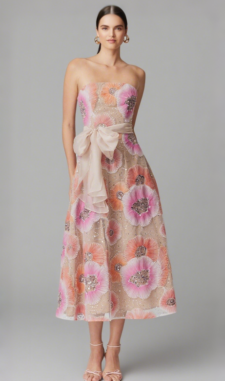 Strapless Flower Sequin Embellished Midi Dress