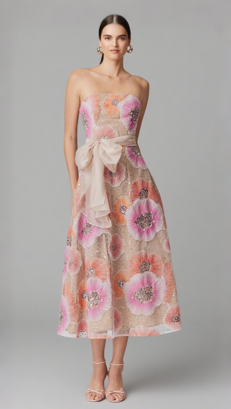 STRAPLESS FLOWER SEQUIN EMBELLISHED MIDI DRESS