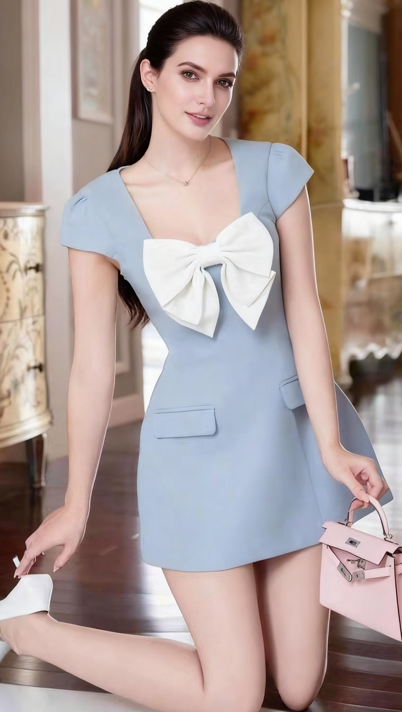 BOW SHORT SLEEVE MINI DRESS IN BLUE