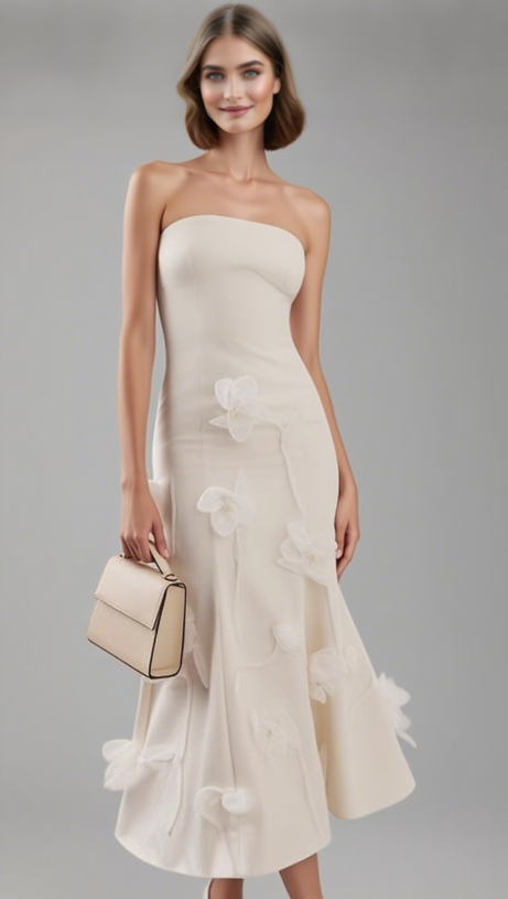 3D FLORAL APPLIQUE SLEEVELESS MIDI DRESS IN WHITE