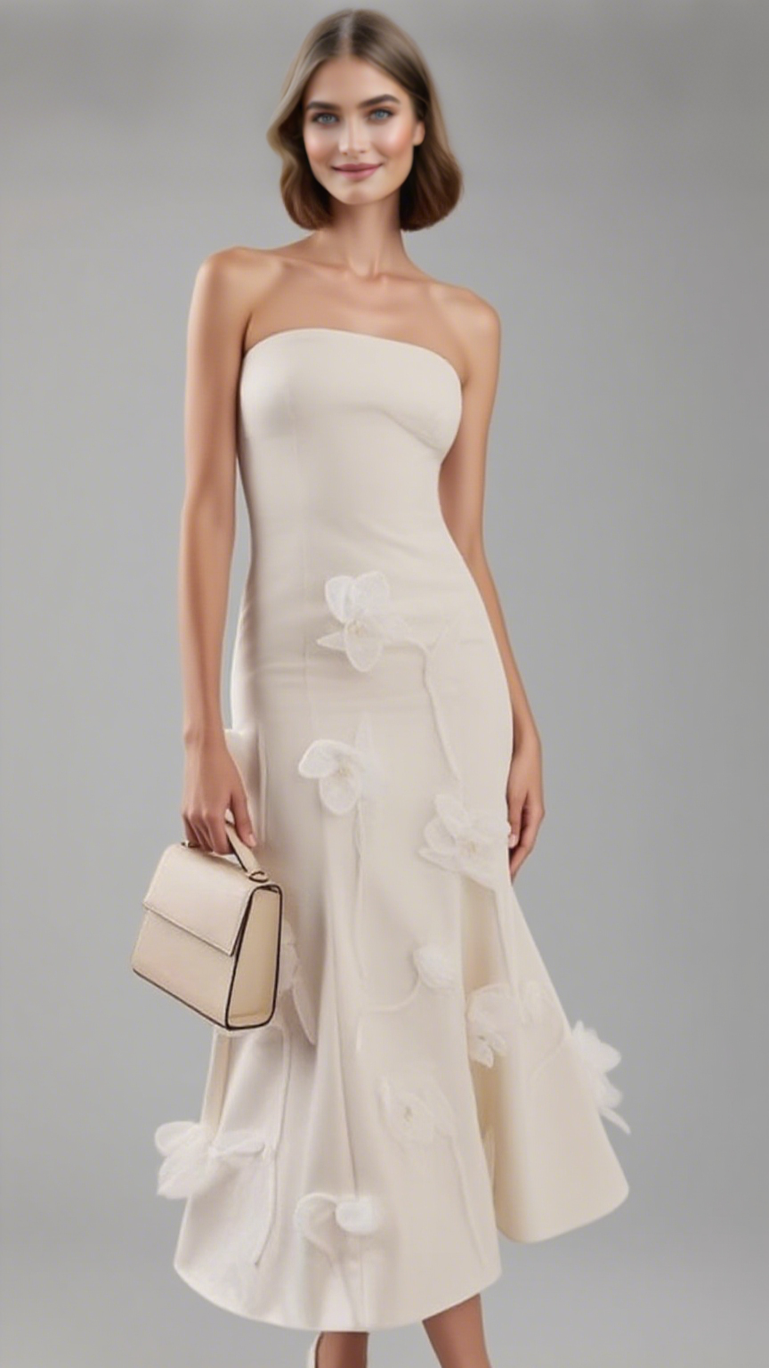 3D FLORAL APPLIQUE SLEEVELESS MIDI DRESS IN WHITE