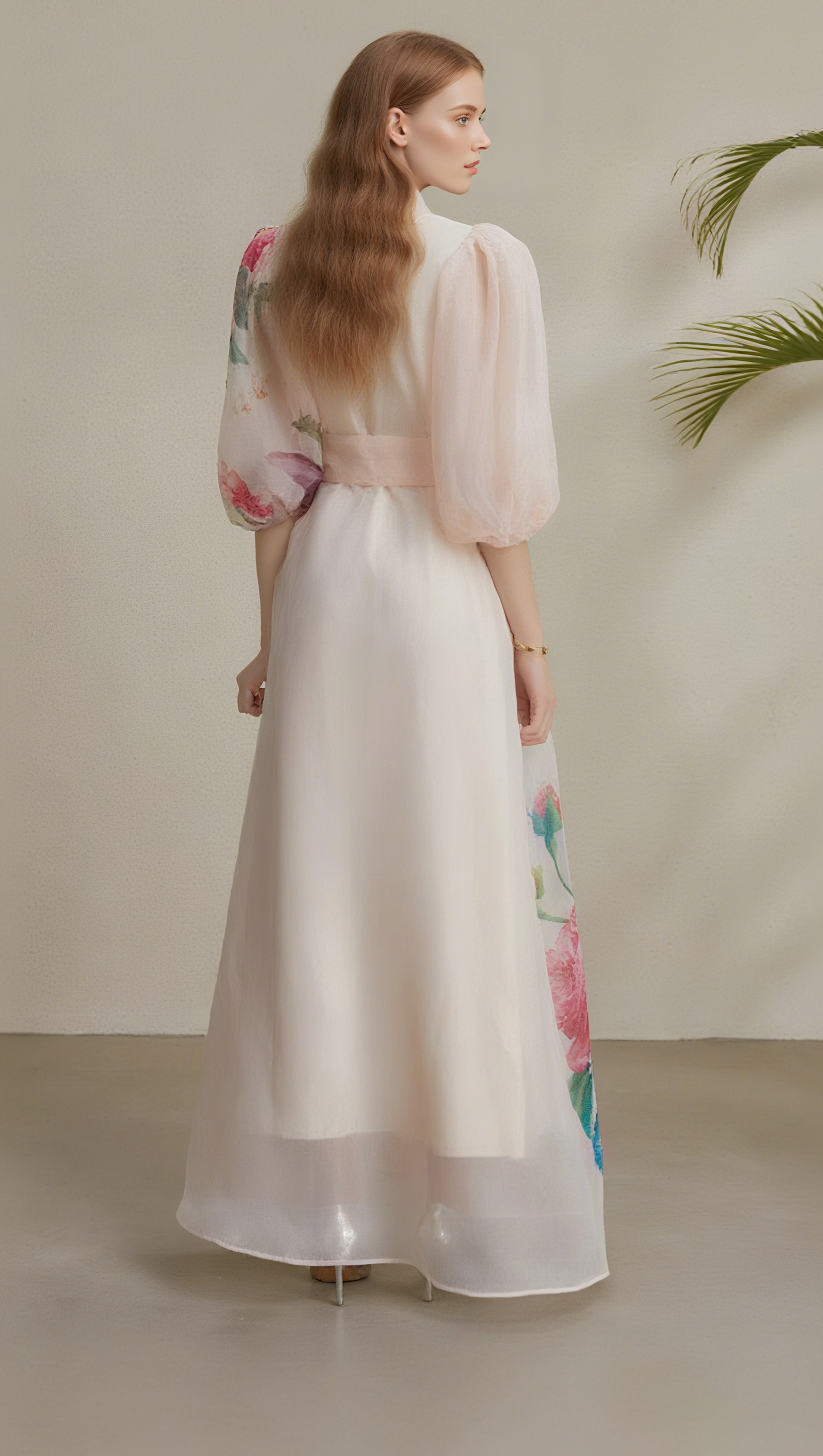 AIIZIE SINGLE-BREASTED FLORAL PRINTED PUFF SLEEVE MAXI DRESS IN APRICOT - product image