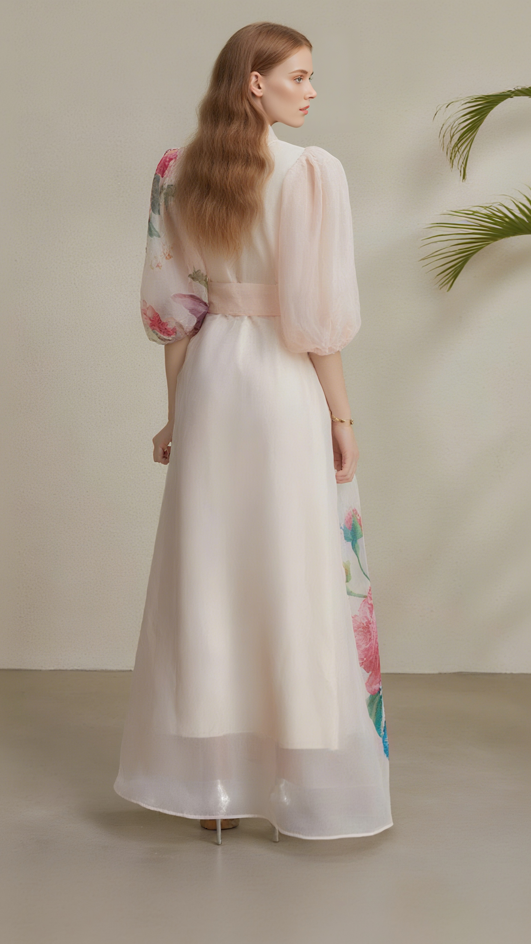 SINGLE-BREASTED FLORAL PRINTED PUFF SLEEVE MAXI DRESS IN APRICOT