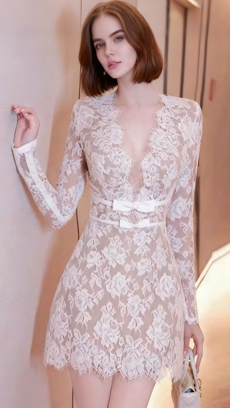 FLOWER LACE LONG SLEEVE MINI DRESS IN WHITE