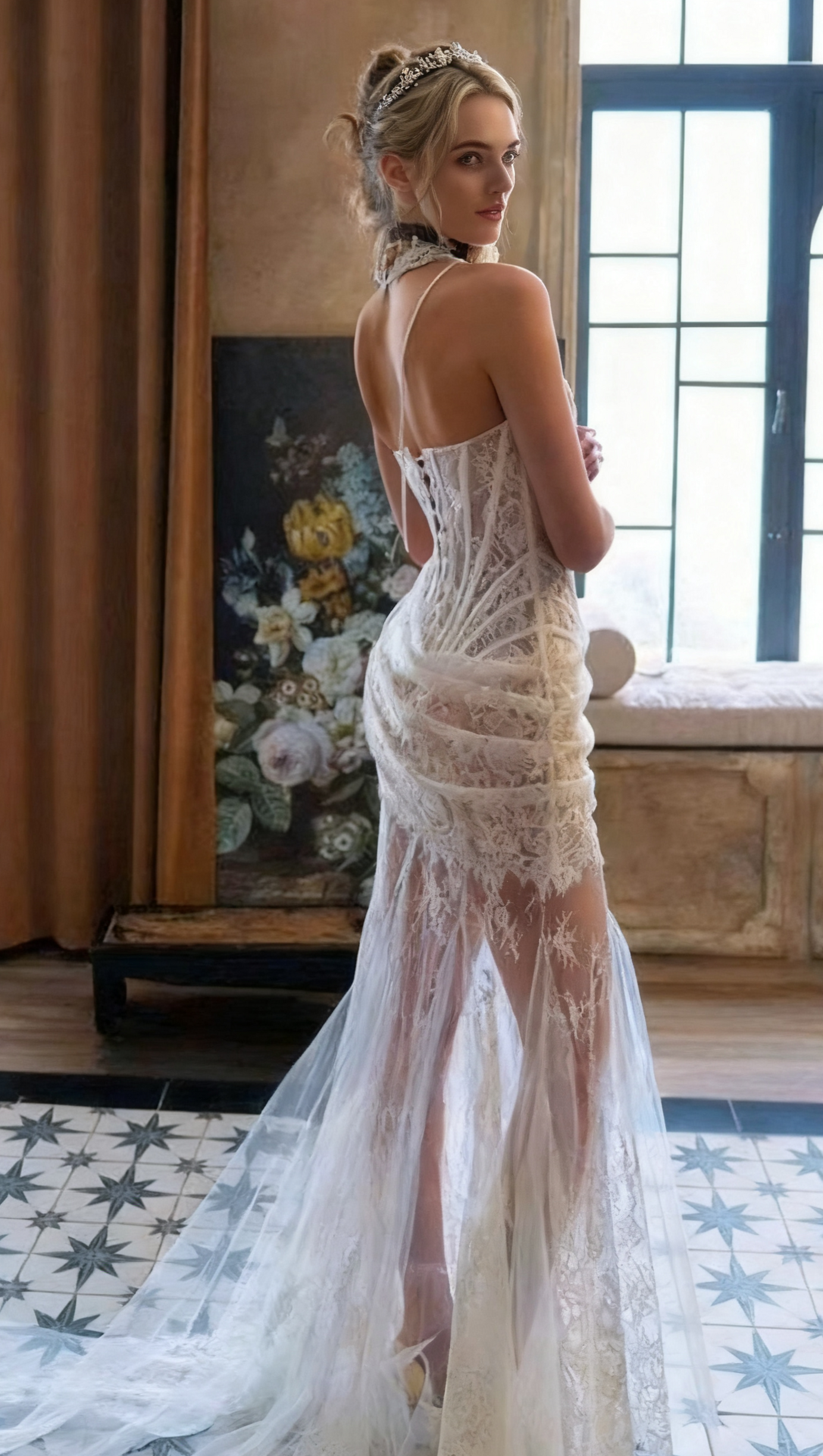 IVORY SHEER LACE CORSET MAXI GOWN WITH DRAPED NECKLINE