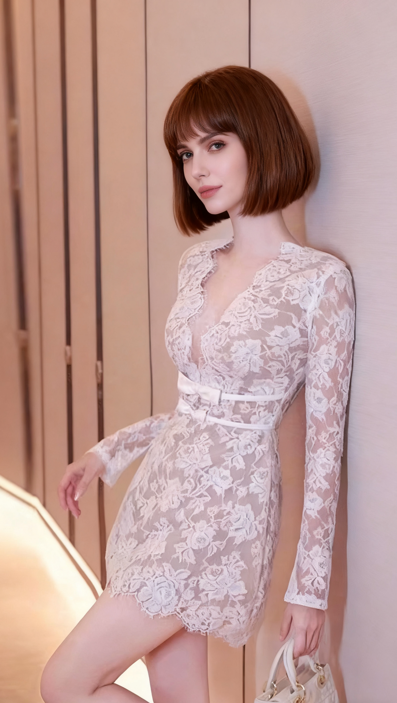 FLOWER LACE LONG SLEEVE MINI DRESS IN WHITE