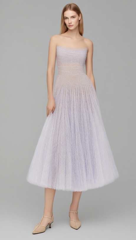 VIOLET DRAPED LACE MIDI DRESS