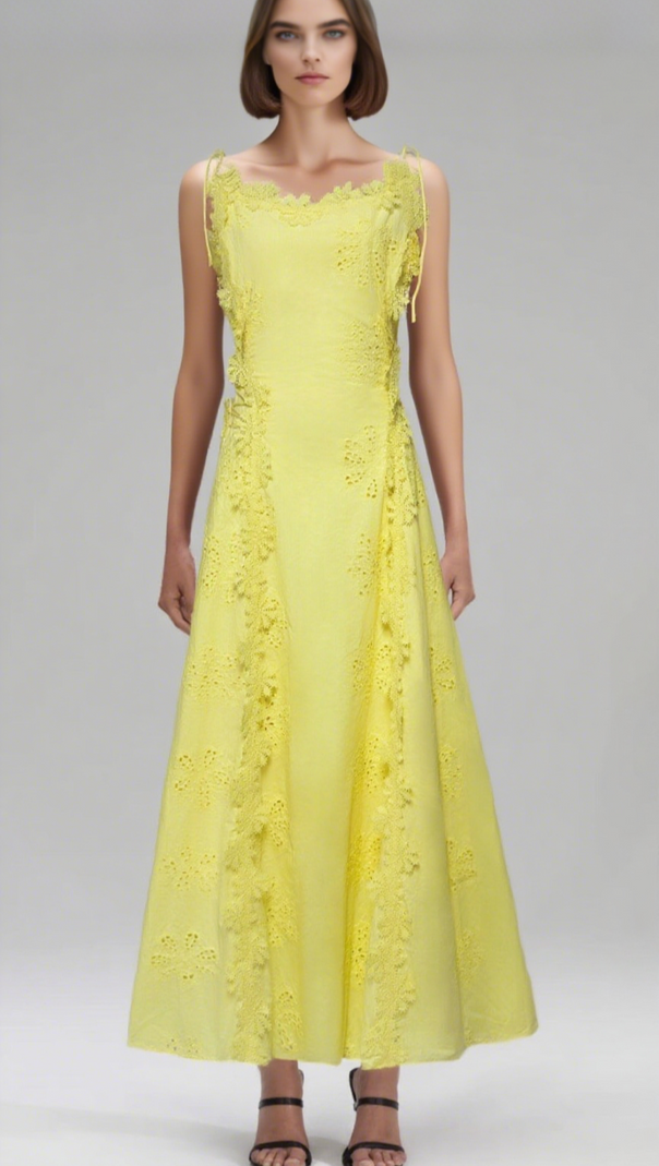 LACE TRIM EMBROIDERY HOLLOW MIDI DRESS IN WHITE