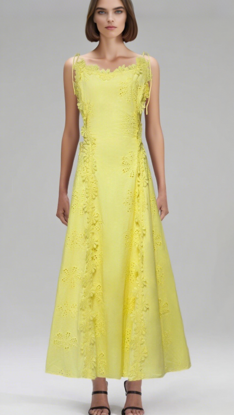 LACE TRIM EMBROIDERY HOLLOW MIDI DRESS IN WHITE