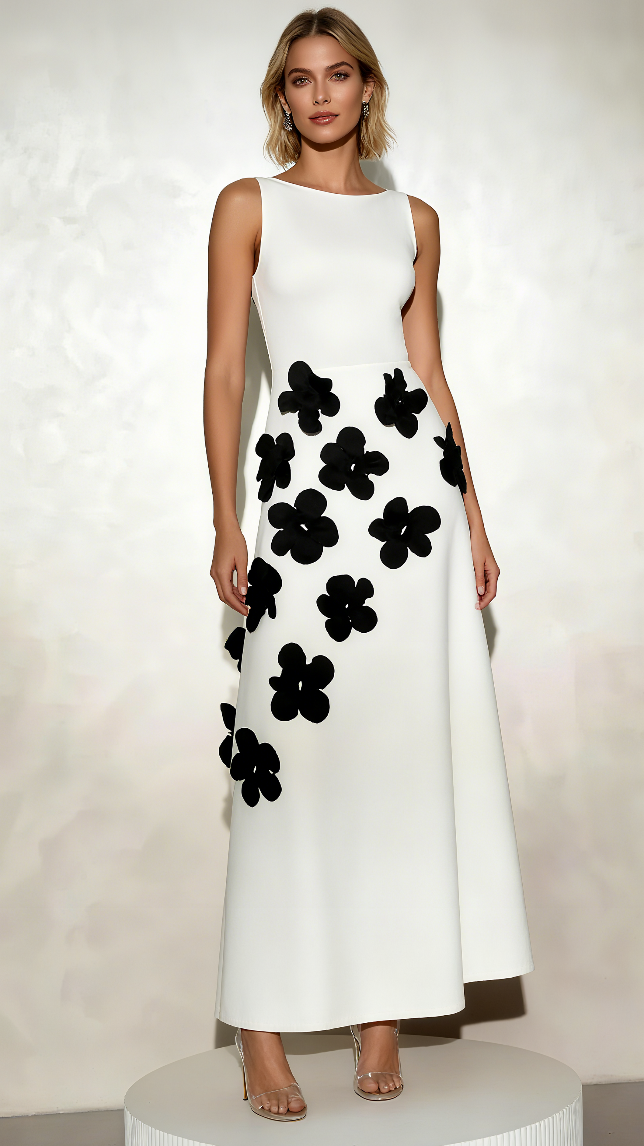 MARCIA 3D FLOWER A-LINE MAXI DRESS IN WHITE