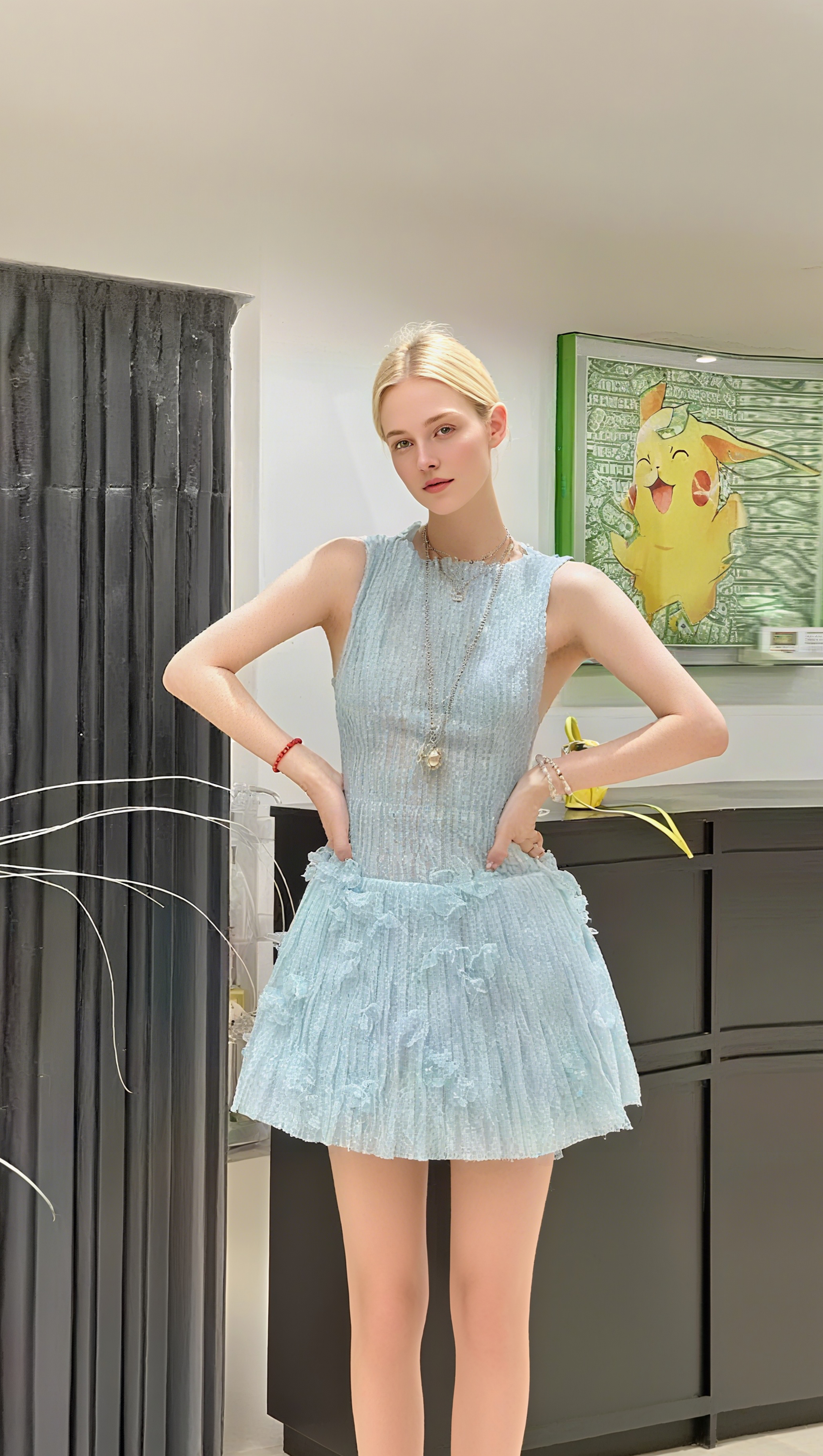 AIIZIE SLEEVELESS LACE FABRIC MINI DRESS IN AQUA - product image