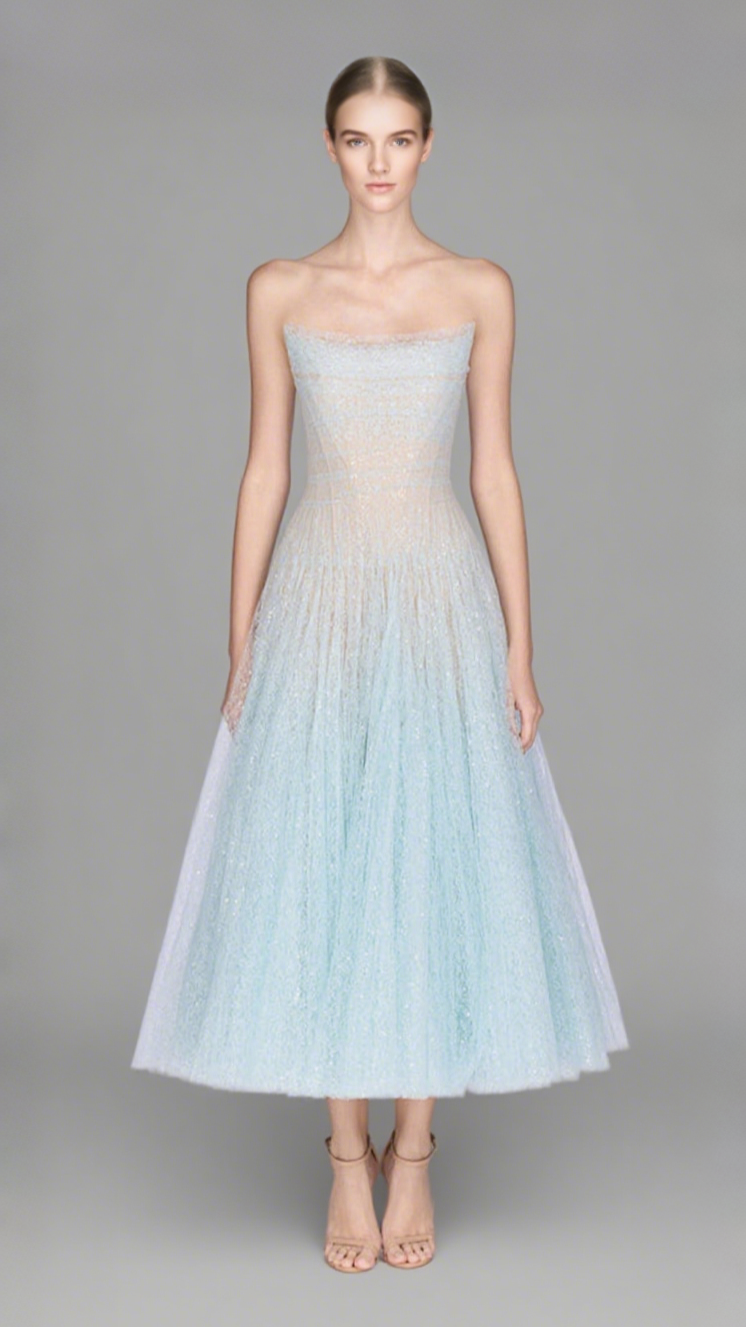 BLUE DRAPED LACE MIDI DRESS