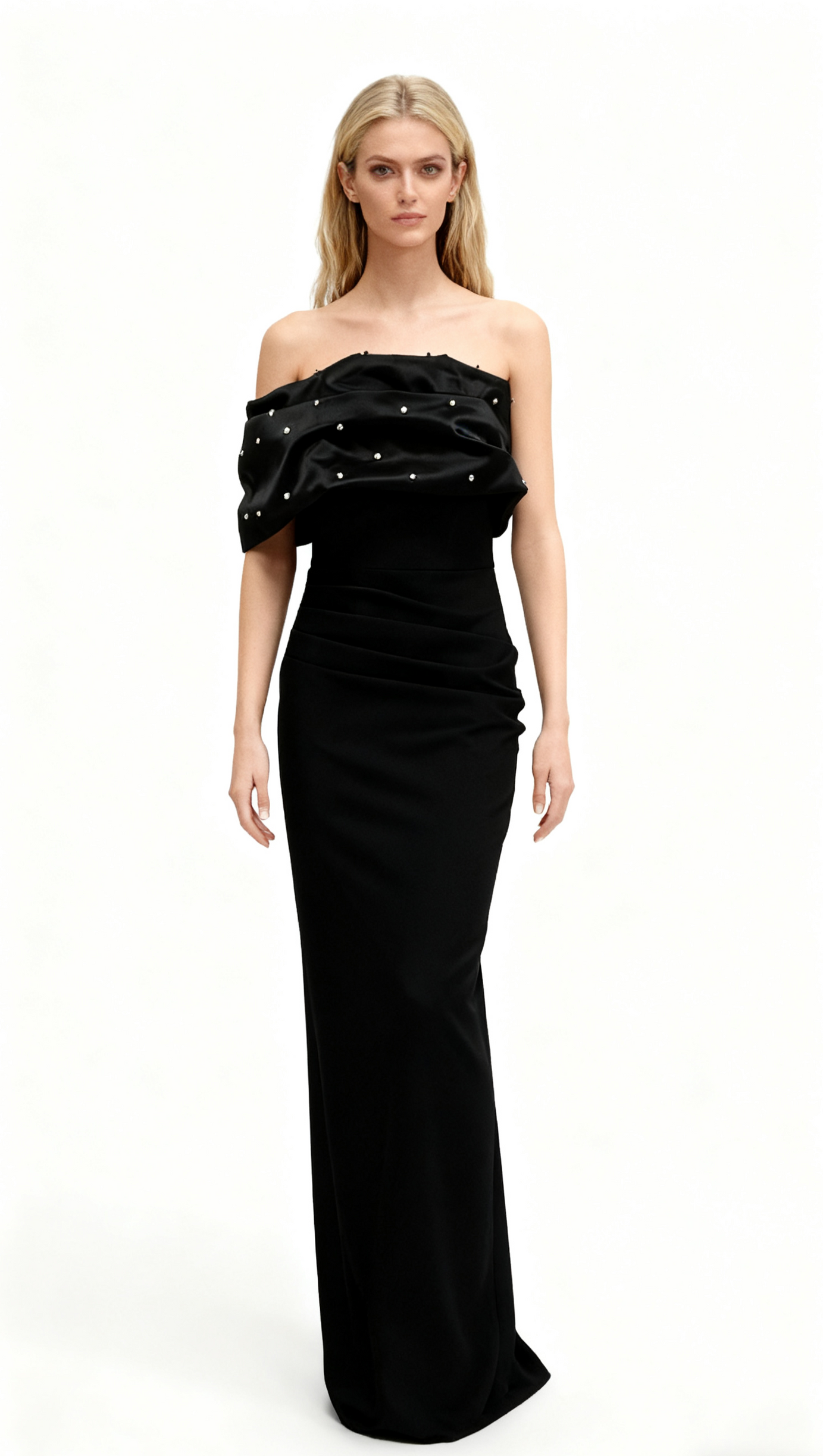 BLACK BEADED OFF SHOULDER RUCHED BODYCON MAXI DRESS