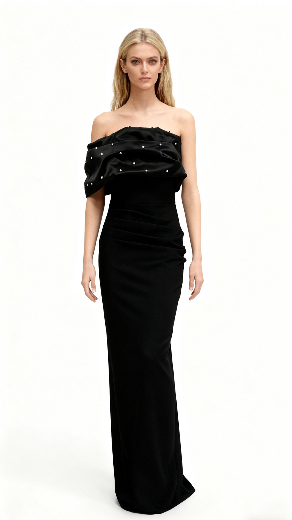 BLACK BEADED OFF SHOULDER RUCHED BODYCON MAXI DRESS