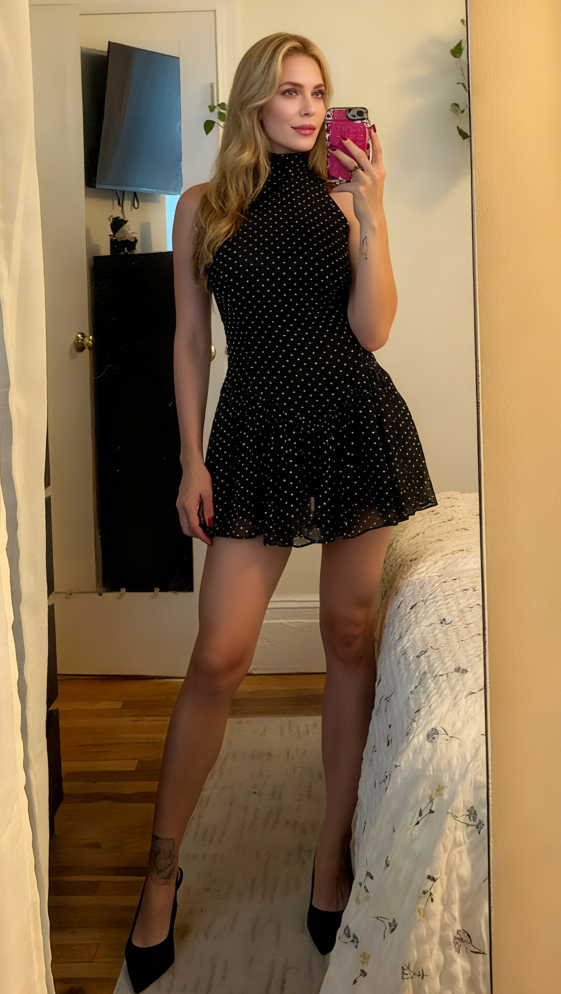 POLKA SILK CHIFFON SLEEVELESS HALTER MINI DRESS IN BLACK