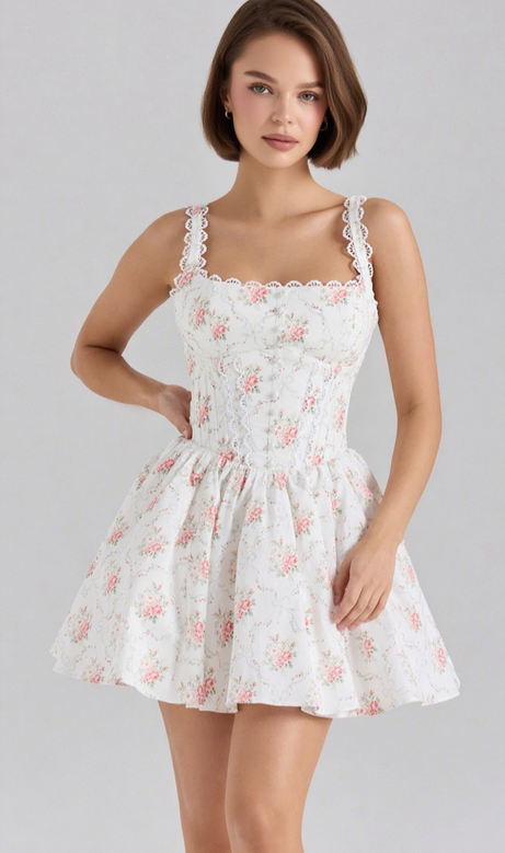 ROSE PRINT STRETCH COTTON LACE STRAP MINI DRESS