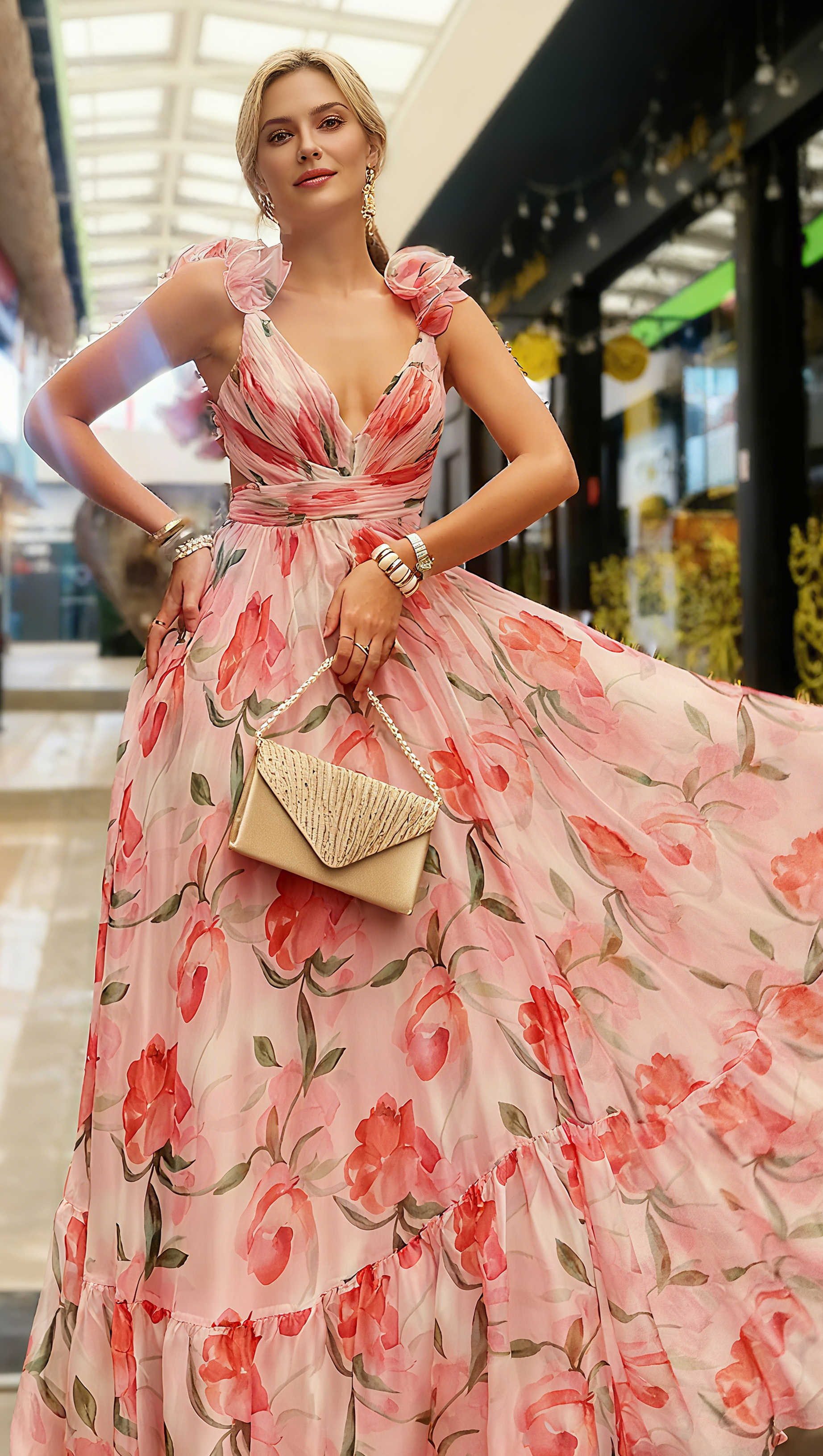 FLORAL PRINT RUFFLED BACKLESS MAXI DRESS IN PINK