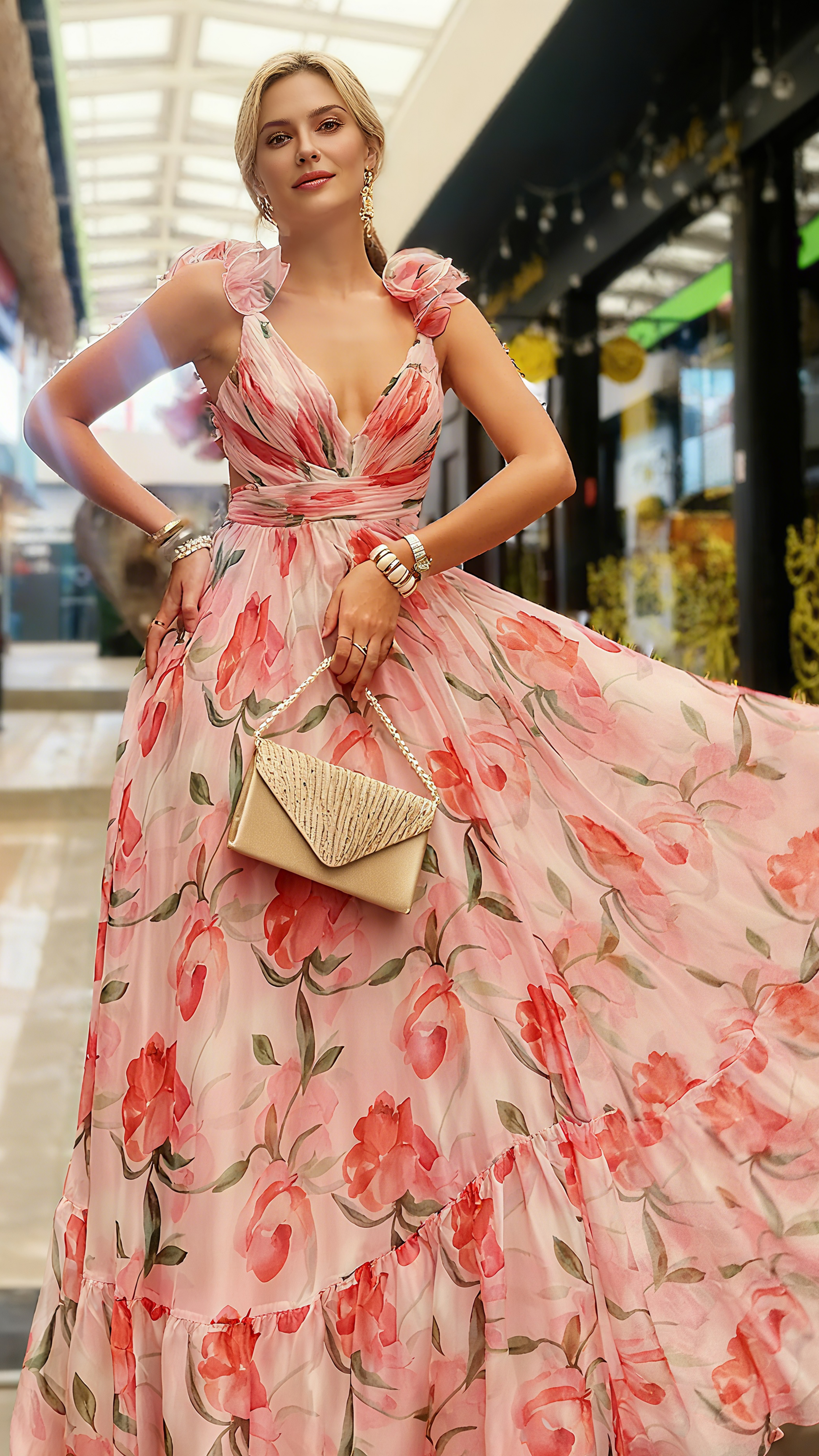 AIIZIE FLORAL PRINT RUFFLED BACKLESS MAXI DRESS IN PINK - product image