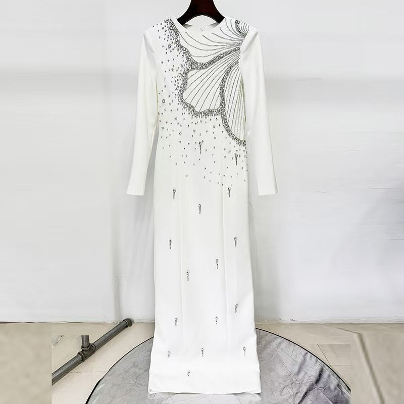 white long sleeve embellished maxi dress