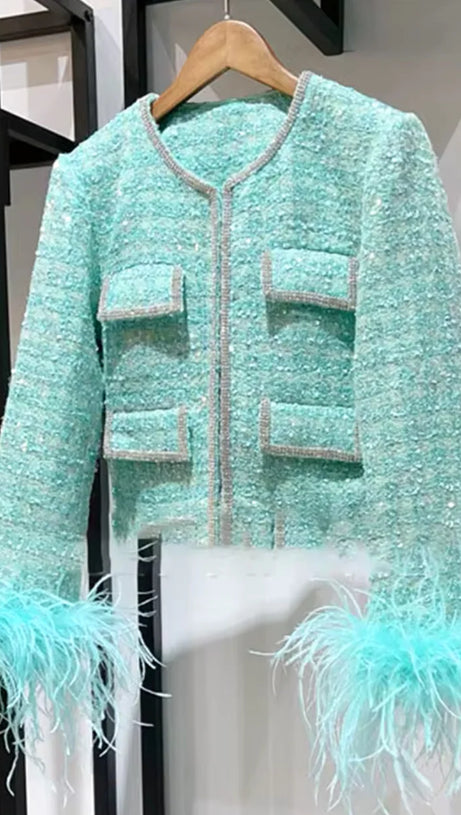 STEPHANIE BOUCLE FEATHER JACKET SUIT IN GREEN