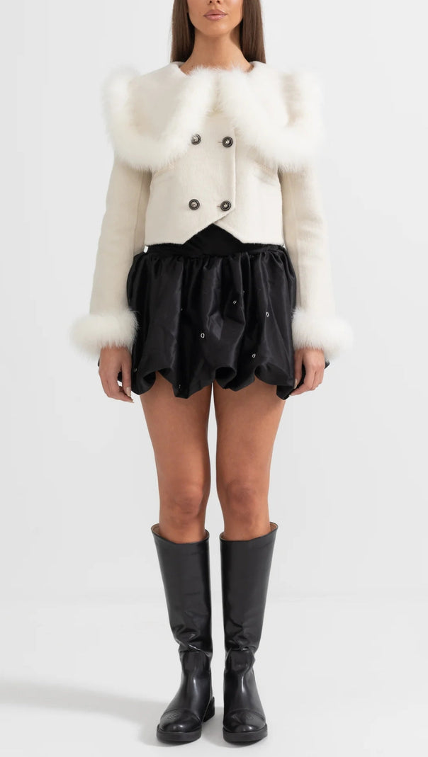 AIIZIE DOUBLE BREASTED CROPPED JACKET WITH FUR COLLAR EMBELLISHMENT - WHITE - product image