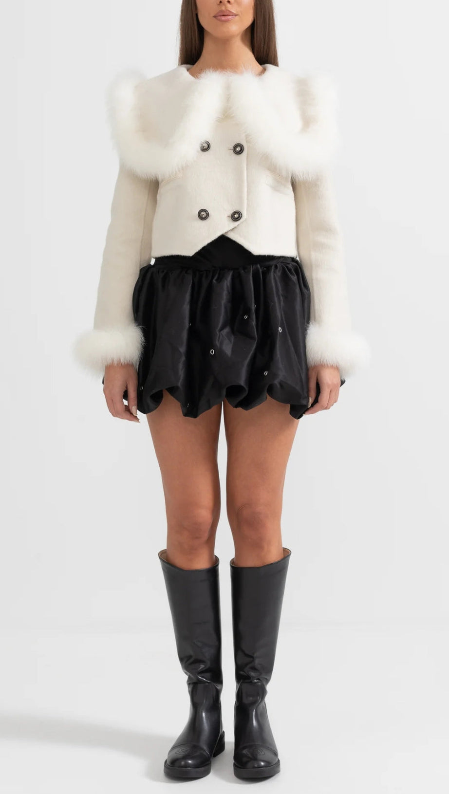 DOUBLE BREASTED CROPPED JACKET WITH FUR COLLAR EMBELLISHMENT - WHITE