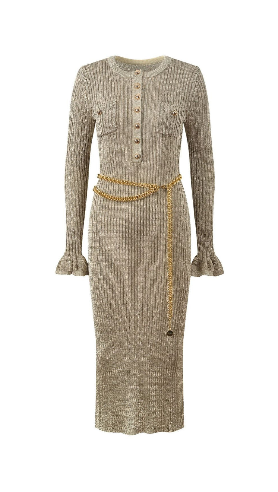 Shimmering Gold Ribbed Knit Midi Dress with Chic Chain Belt