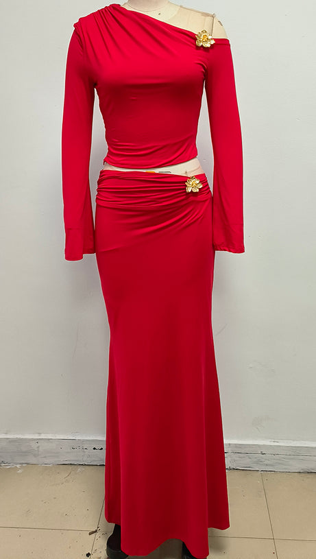 SLANT COLLAR HIGH WAIST SLIM LONG SKIRT RED SUIT