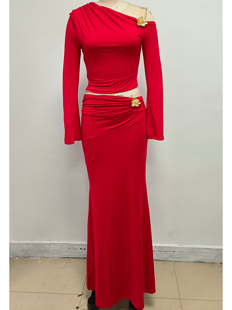 AIIZIE SLANT COLLAR HIGH WAIST SLIM LONG SKIRT RED SUIT - product image