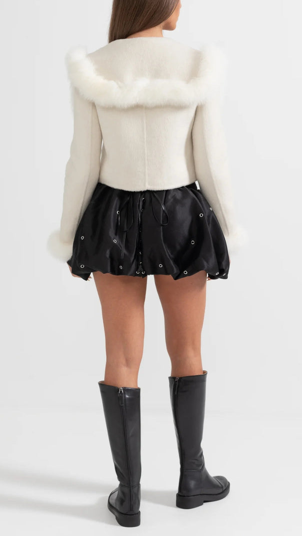 AIIZIE DOUBLE BREASTED CROPPED JACKET WITH FUR COLLAR EMBELLISHMENT - WHITE - product image