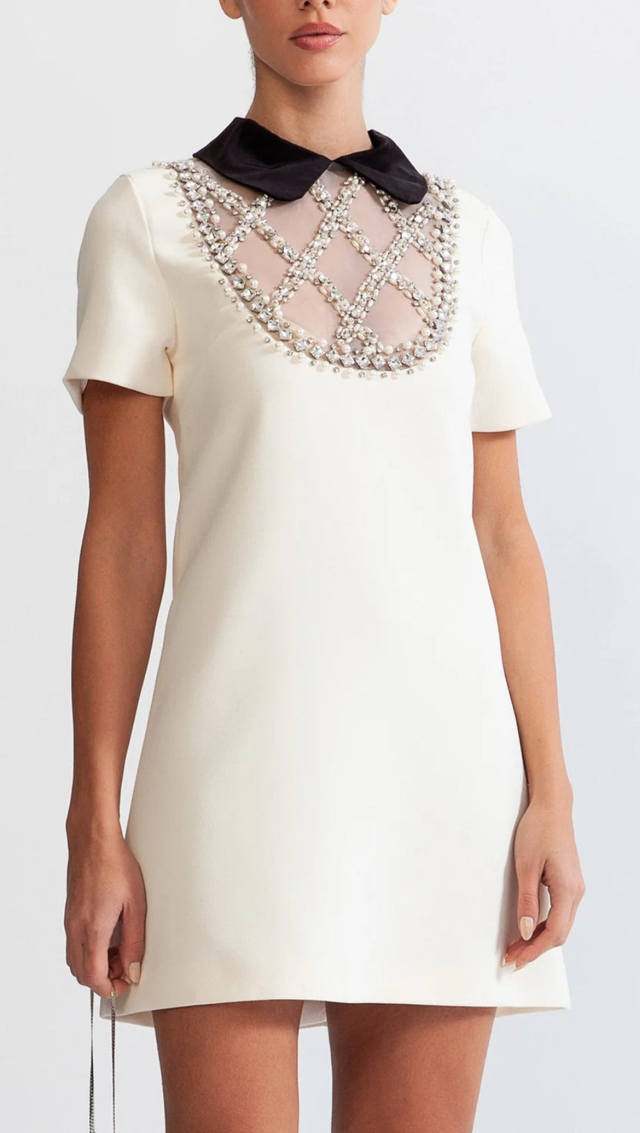 DRESS WITH CONTRASTING COLLAR AND JEWELRY DETAILS