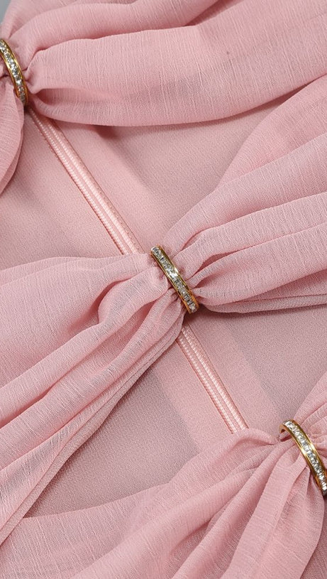 ALYSSA PINK HOLLOW BANDAGE STRAPLESS TULLE MAXI DRESS