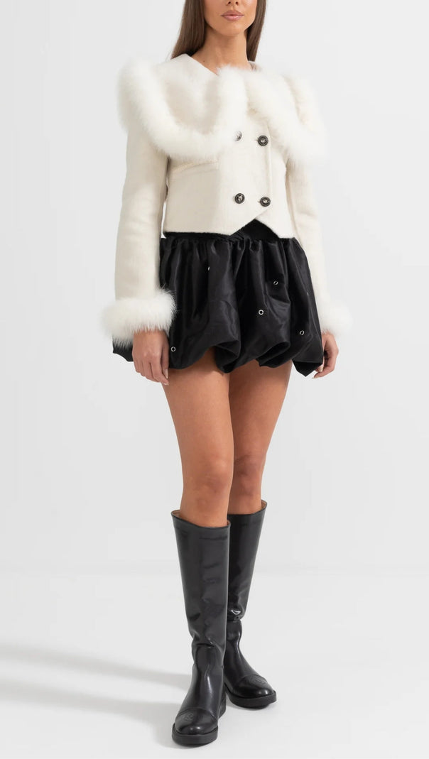 AIIZIE DOUBLE BREASTED CROPPED JACKET WITH FUR COLLAR EMBELLISHMENT - WHITE - product image