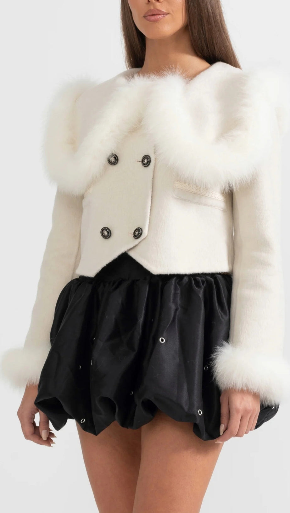 DOUBLE BREASTED CROPPED JACKET WITH FUR COLLAR EMBELLISHMENT - WHITE