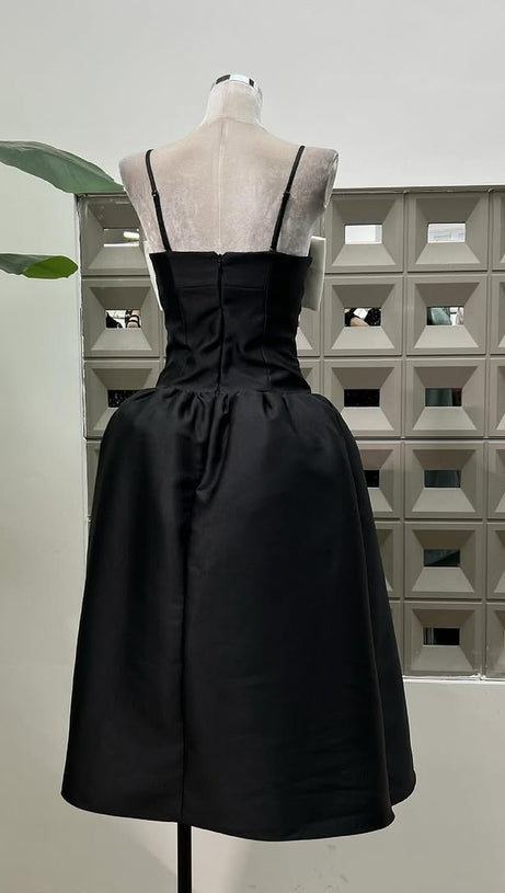 BOW-DETAIL TAFFETA MIDI DRESS IN BLACK