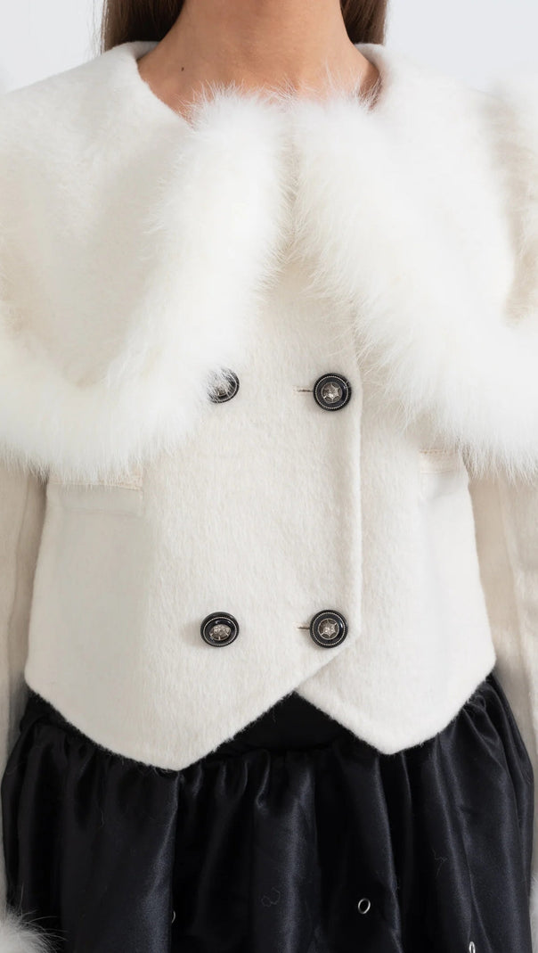 ZWEIREIHIGE KURZE JACKE MIT PELZKRAGENVERZIERUNG - WEISS