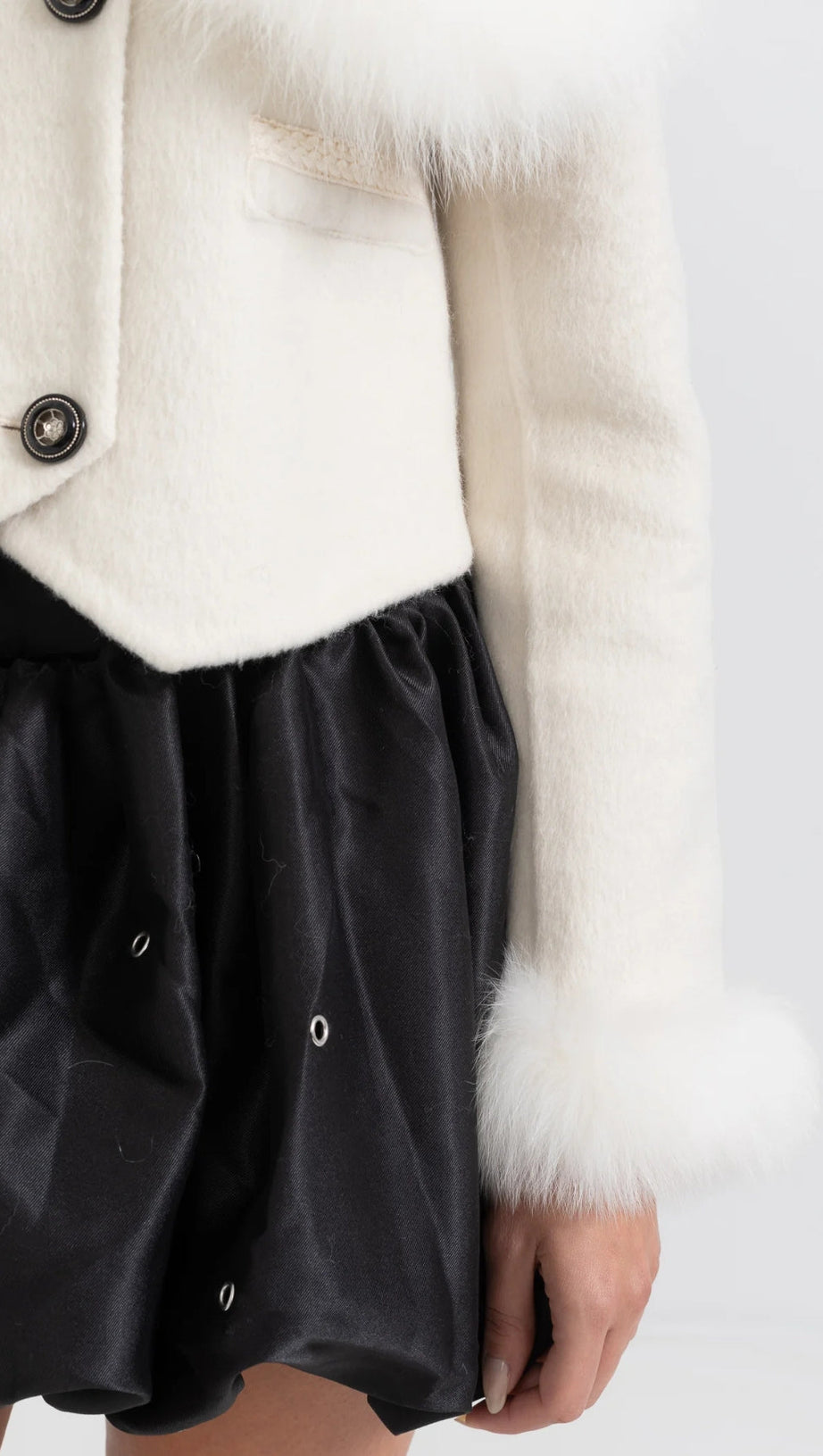 DOUBLE BREASTED CROPPED JACKET WITH FUR COLLAR EMBELLISHMENT - WHITE