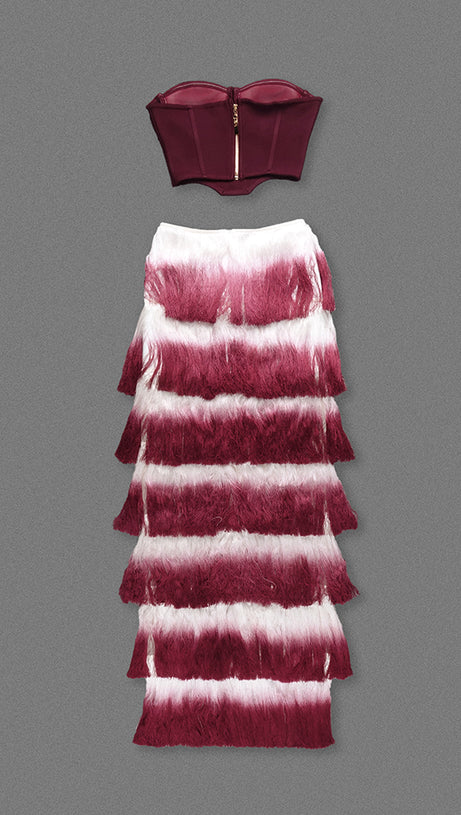 STRAPLESS TASSEL TWO PIECE MAXI DRESS BURGUNDY