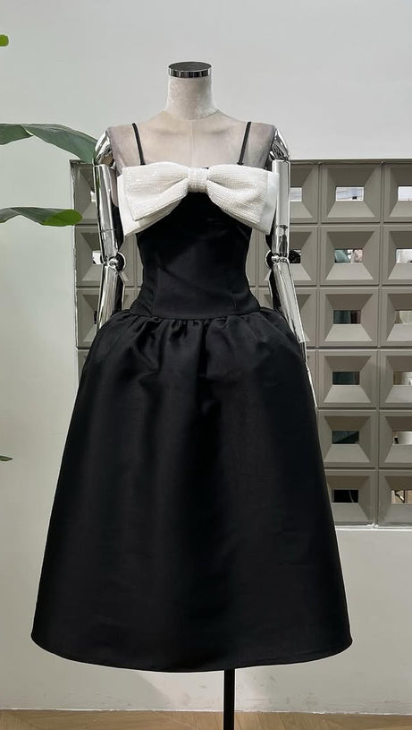 BOW-DETAIL TAFFETA MIDI DRESS IN BLACK