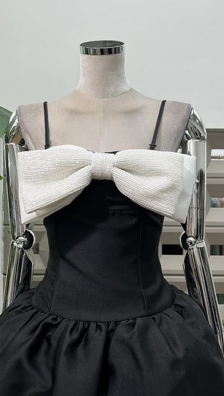 BOW-DETAIL TAFFETA MIDI DRESS IN BLACK