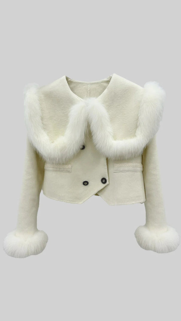 AIIZIE DOUBLE BREASTED CROPPED JACKET WITH FUR COLLAR EMBELLISHMENT - WHITE - product image