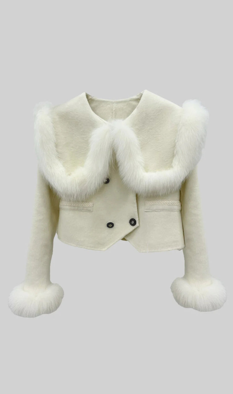 ZWEIREIHIGE KURZE JACKE MIT PELZKRAGENVERZIERUNG - WEISS