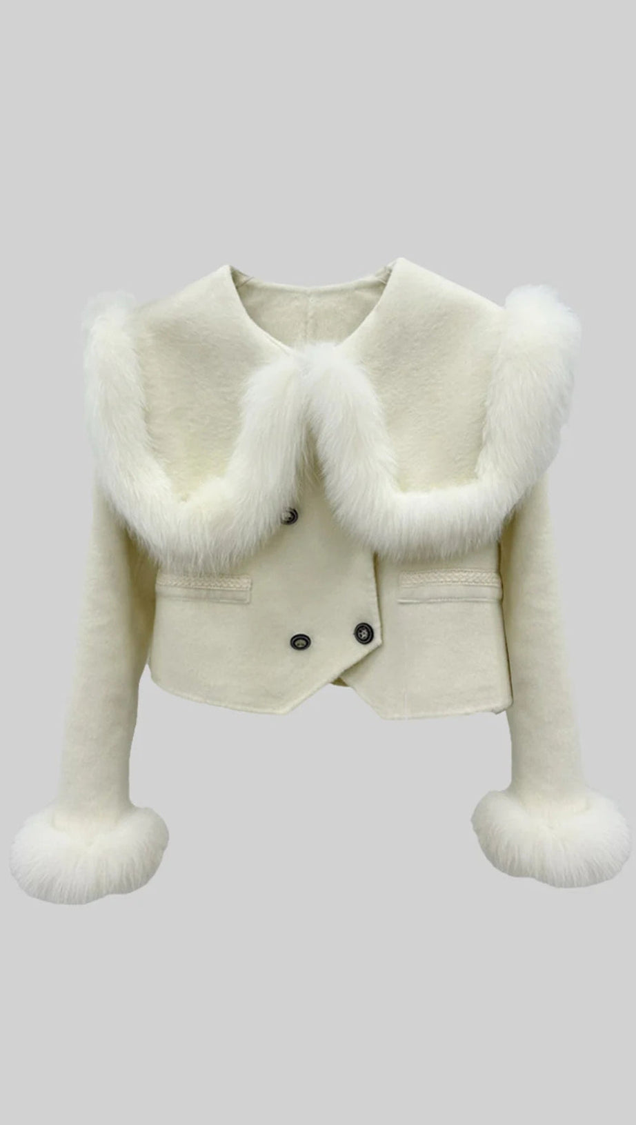 DOUBLE BREASTED CROPPED JACKET WITH FUR COLLAR EMBELLISHMENT - WHITE