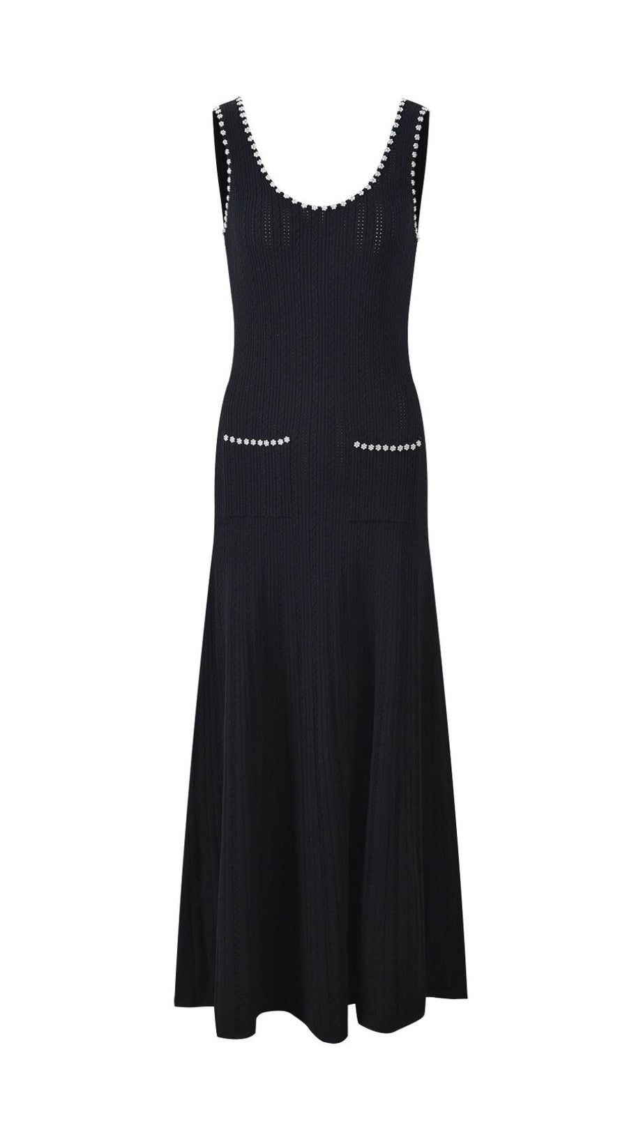 Chic Beaded Rib Knit Sleeveless Midi Dress with Pockets