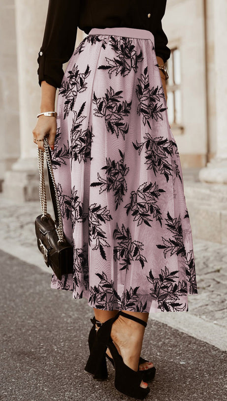 Aprikosenfarbener Maxirock mit Blumen- und Blattstickerei und hoher Taille