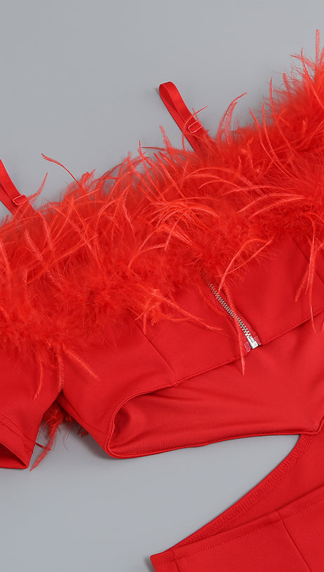 OFF-SHOULDER FEATHER PANEL RED DRESS