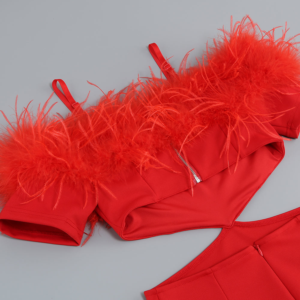 Rotes Kleid mit schulterfreiem Federeinsatz 