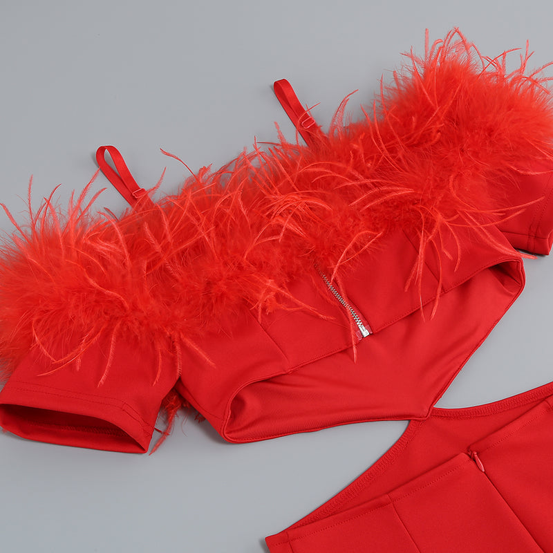 Off-shoulder feather panel red dress