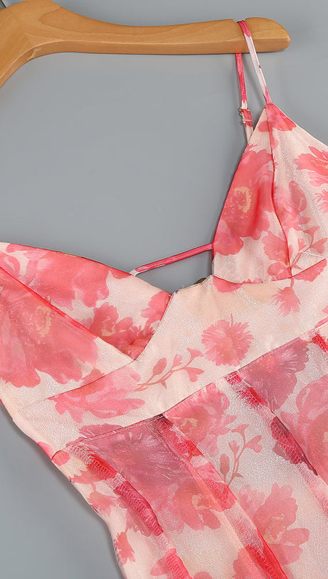 BELINDA RED FLORAL VERTICAL RUFFLE TRIM MAXI DRESS