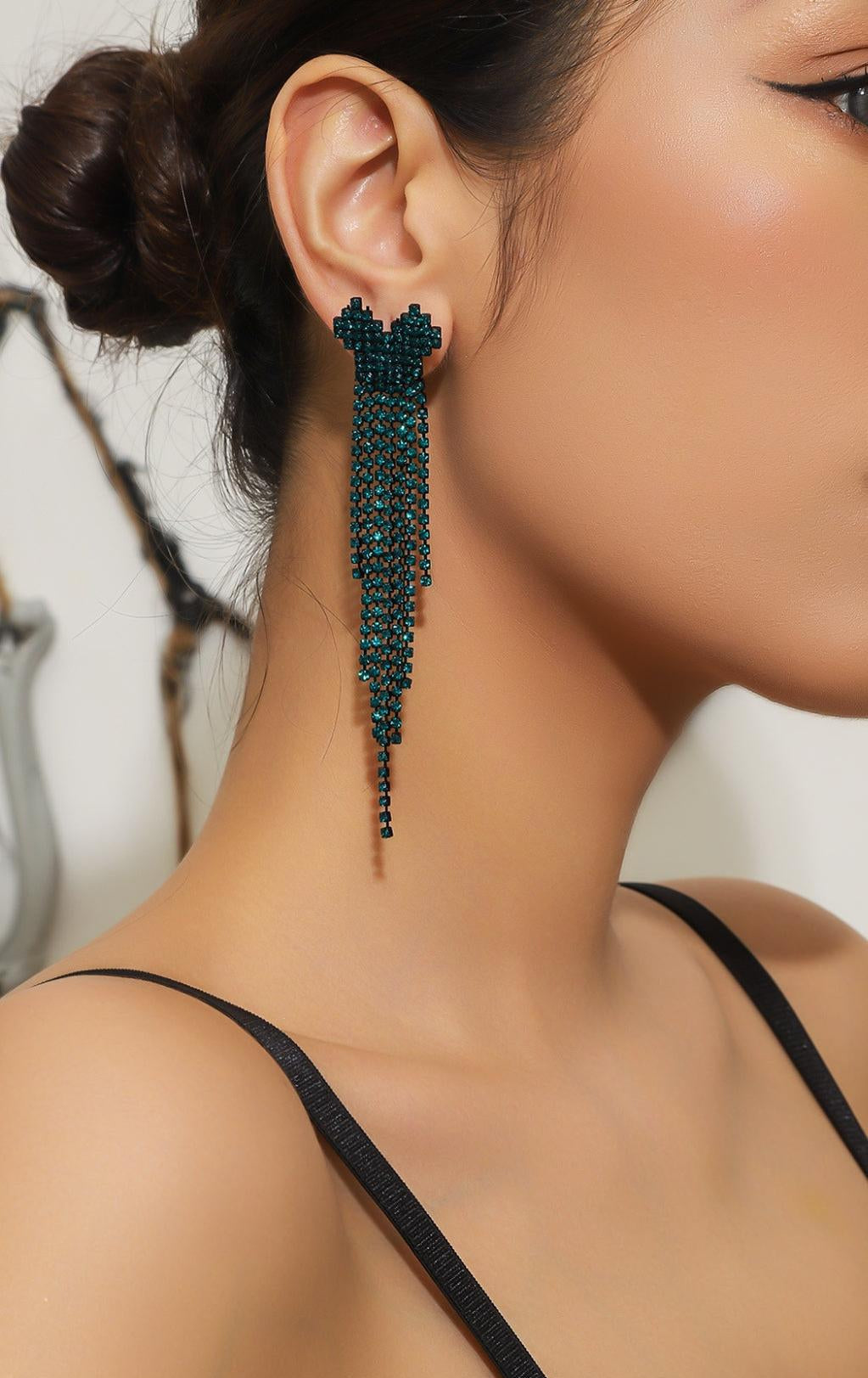 DAHLIA GREEN RHINESTONE HEART TASSEL EARRINGS